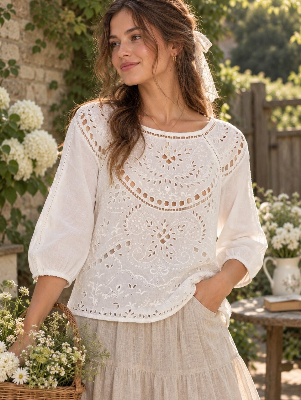 Lucky Brand White Eyelet Embroidered Cotton Blouse XS Boho 3/4 Sleeve